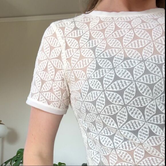Ann Taylor Loft Women's Petite Medium Ivory Short Sleeve Sheer Embroidered Top S - Picture 3 of 12